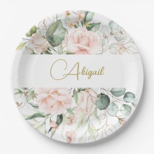 Elegante Floral Personal Pink Roses Pappteller