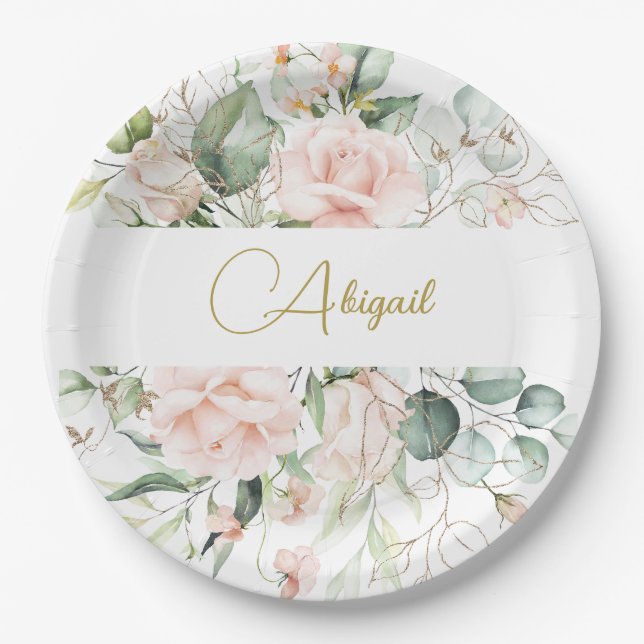 Elegante Floral Personal Pink Roses Pappteller (Vorderseite)