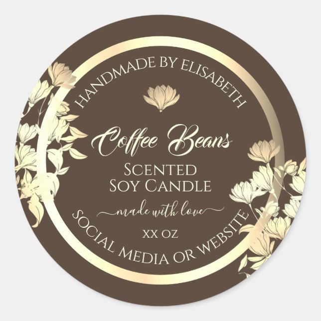 Elegante Floral Product Packaging Labels Gold Brow Runder Aufkleber (Vorderseite)
