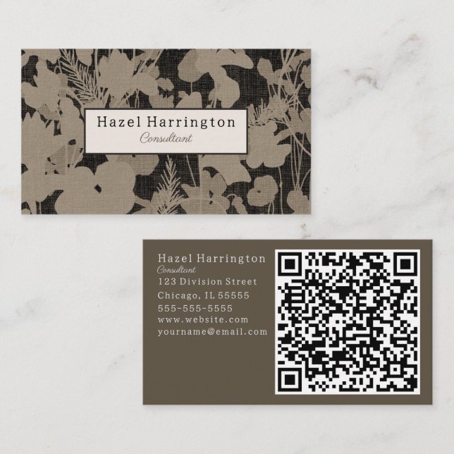 Elegante floral QR Business Card Schwarz Beige Visitenkarte (Vorne/Hinten)