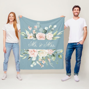 Elegante floral rosa blaue Wasserfarbe Herr & Frau Fleecedecke