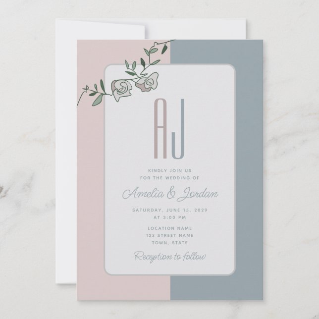 Elégante Floral Rose Dusty Blue Wedding Invitation (Devant)