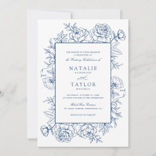 Elegante Floral Royal Blue Rose Frame Wedding Einladung