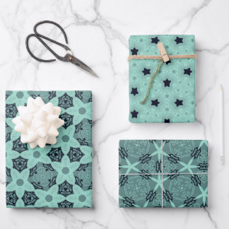 Elegante Floral & Star-Muster in Mint Tones Geschenkpapier Set