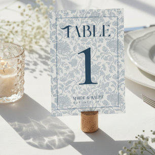Elegante Floral Toile Schrift Blaue Hochzeit  Tischnummer