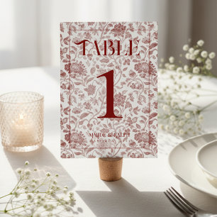 Elegante Floral Toile Schrift Hochzeit in Rot  Tischnummer