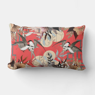 Elegante Floral, Vogelgeometrien auf Cherry Red Lendenkissen