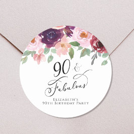 Elegante Floral Watercolor 90. Geburtstagsparty Runder Aufkleber