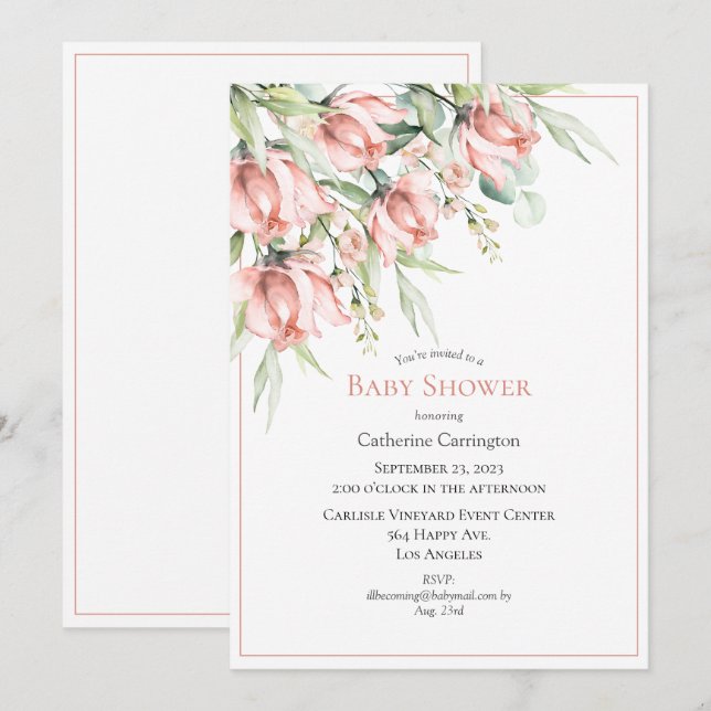 Elegante Floral Watercolor Babydusche Einladung (Vorne/Hinten)