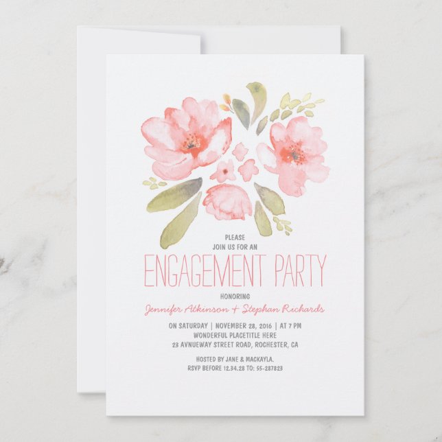 Elegante Floral Watercolor Engagement Party Einladung (Vorderseite)