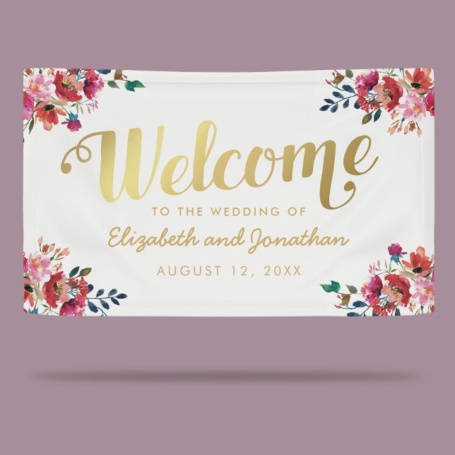 Elegante Floral Watercolor White Gold Hochzeit Banner (Von Creator hochgeladen)