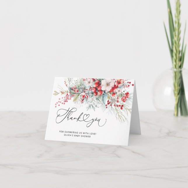 Elegante Floral Winter Baby Dusche Danke Karte (Vorderseite)