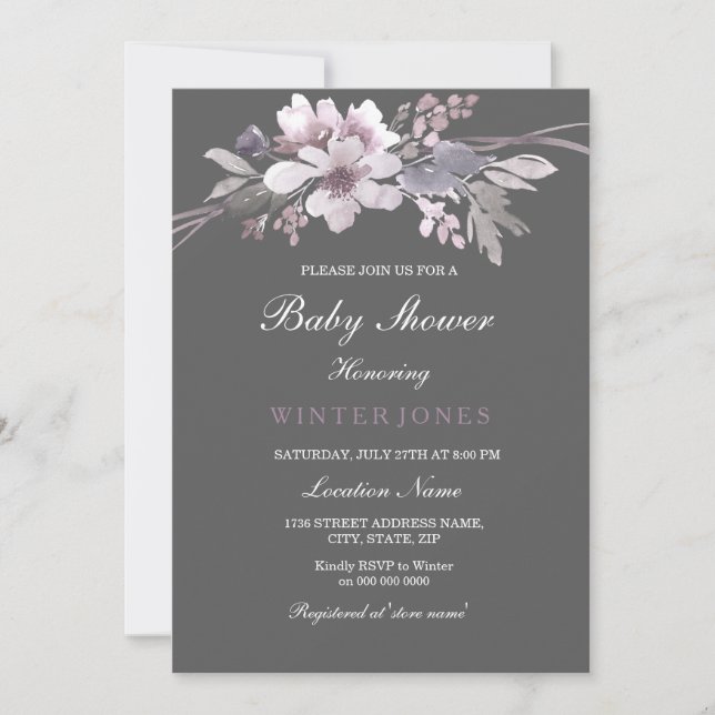 Elegante floral Winter Gray Baby Dusche laden ein Einladung (Vorderseite)
