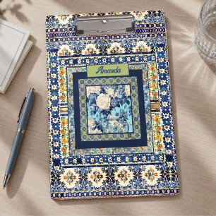 Elegante florale blaue Fliesen-Chinoiserie-Monogra Klemmbrett