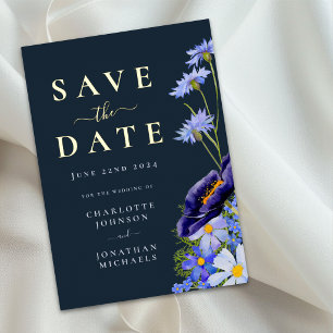 Elegante Florale Blaue Hochzeit Merken Sie das Dat Folieneinladung