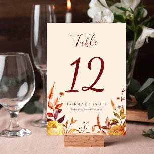 Elegante Florale Boho-Hochzeit im Herbst Tischnummer