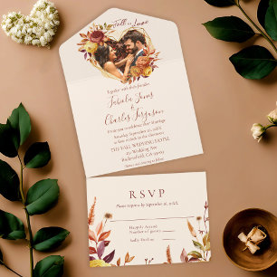 Elegante Florale Boho Verlieb dich Foto Hochzeit All In One Einladung