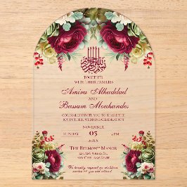Elegante florale Burgund Rose 3 Islamische Hochzei Acryleinladungen