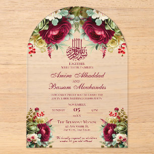 Elegante florale Burgund Rose 3 Islamische Hochzei Acryleinladungen