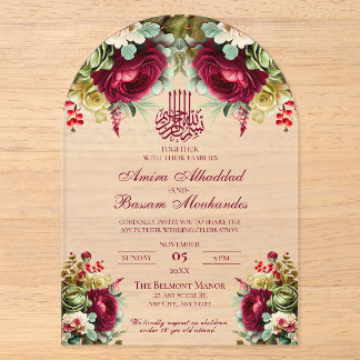 Elegante florale Burgund Rose 3 Islamische Hochzei Acryleinladungen