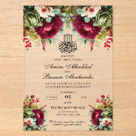 Elegante florale Burgund-Rose Islamische Hochzeit Acryleinladungen