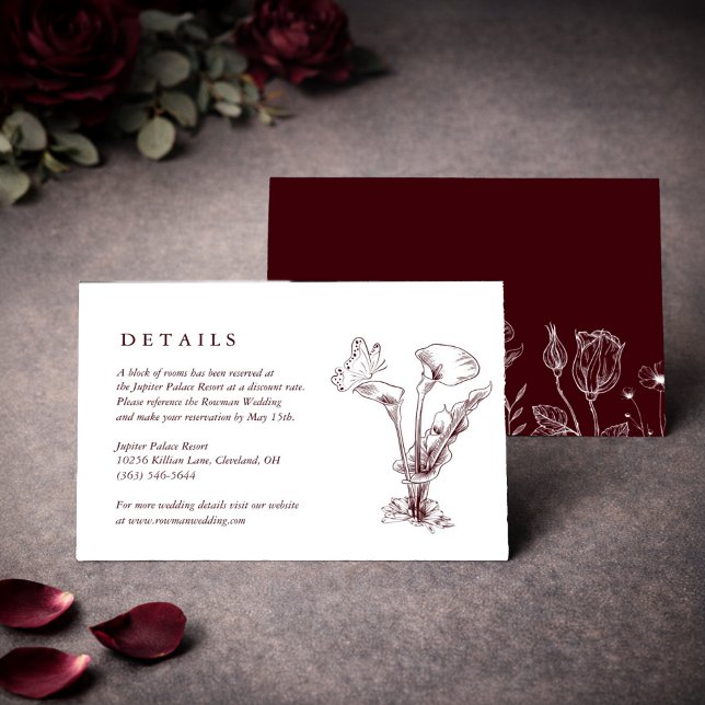 Elegante Florale Burgunder Hochzeitsdetails Karte (Von Creator hochgeladen)