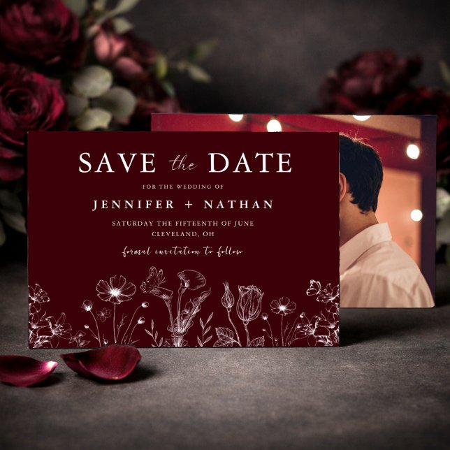 Elegante florale burgunderrote "Save the Date"-Kar Save The Date (Von Creator hochgeladen)