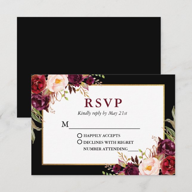 Elegante florale Burgundy Black Gold Frame Wedding RSVP Karte (Vorne/Hinten)