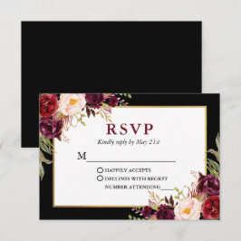 Elegante florale Burgundy Black Gold Frame Wedding RSVP Karte