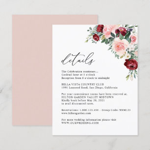Elegante florale Burgundy Blush Hochzeitsdetails Begleitkarte