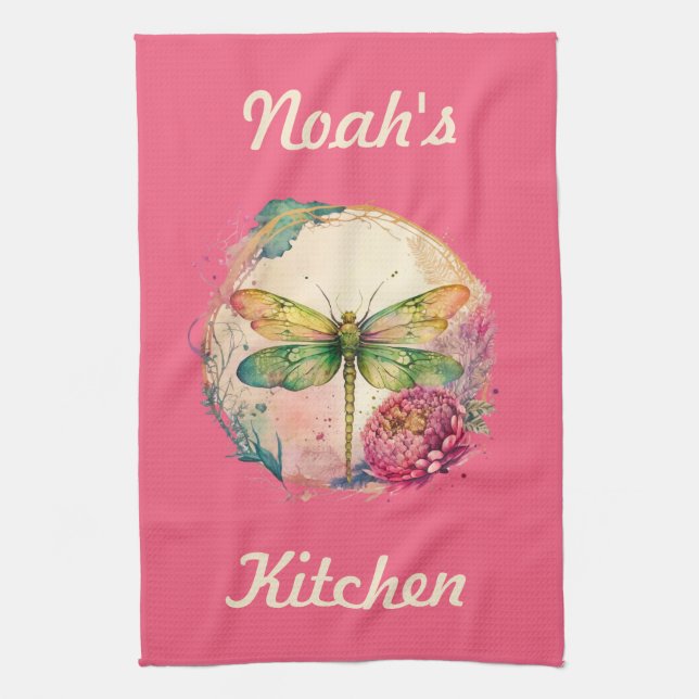 Elegante florale Dragonfly mit Individuelle Name Geschirrtuch (Vertikal)
