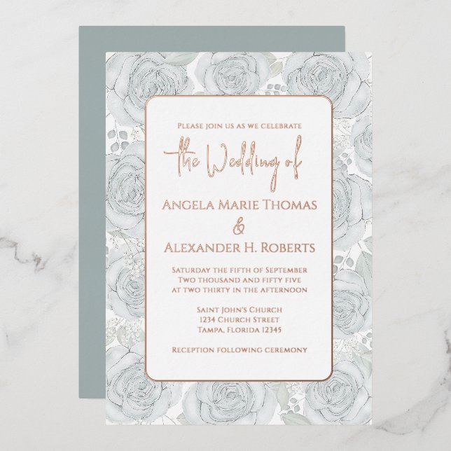 Elegante florale Dusty Blue Classic Rose Blume Folieneinladung (Vorderseite/Rückseite)
