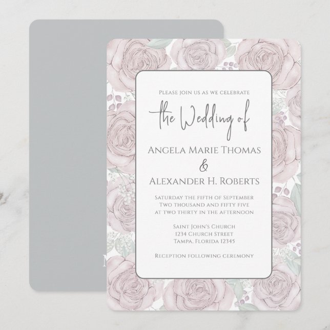 Elegante, florale Dusty Rose Klassische Wasserfarb Einladung (Vorne/Hinten)