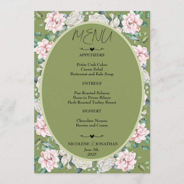 Elegante florale Embrace Wedding Menükarte (Vorderseite)