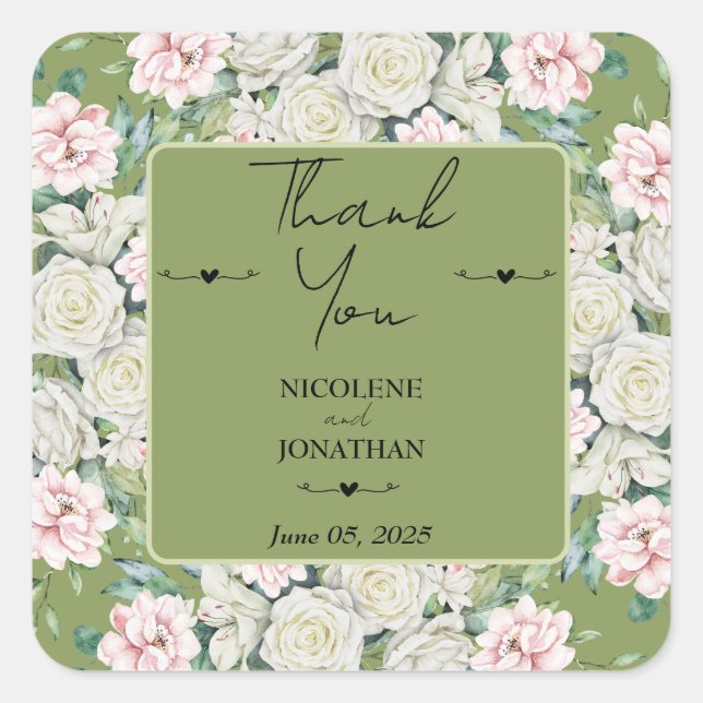 Elegante florale Embrace Wedding Quadratischer Aufkleber (Vorderseite)
