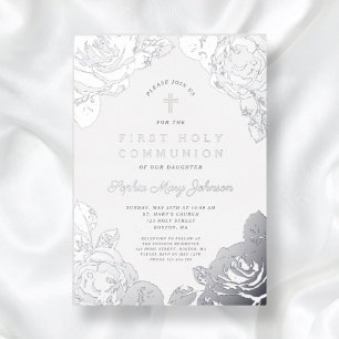 Elegante Florale Erstkommunion Silber Folieneinladung