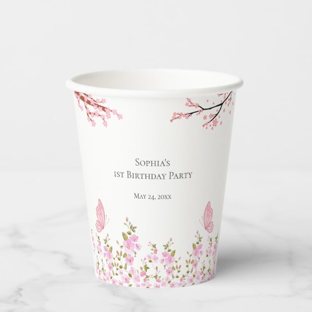 Elegante florale Geburtstagsparty Pappbecher (Vorderseite)