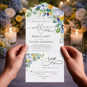 Elegante florale gelbe und blaue Aquarell-Hochzeit All In One Einladung