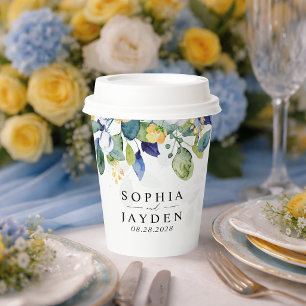 Elegante florale gelbe und blaue Aquarell-Hochzeit Pappbecher