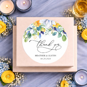 Elegante florale gelbe und blaue Aquarell-Hochzeit Runder Aufkleber