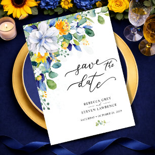 Elegante florale gelbe und blaue Aquarell-Hochzeit Save The Date