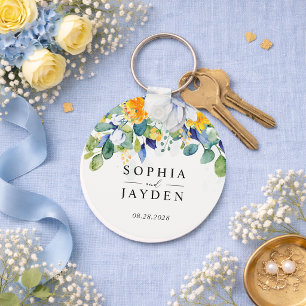Elegante florale gelbe und blaue Aquarell-Hochzeit Schlüsselanhänger