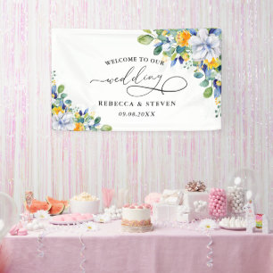 Elegante florale gelbe weiße blaue Hochzeitsbegrüß Banner