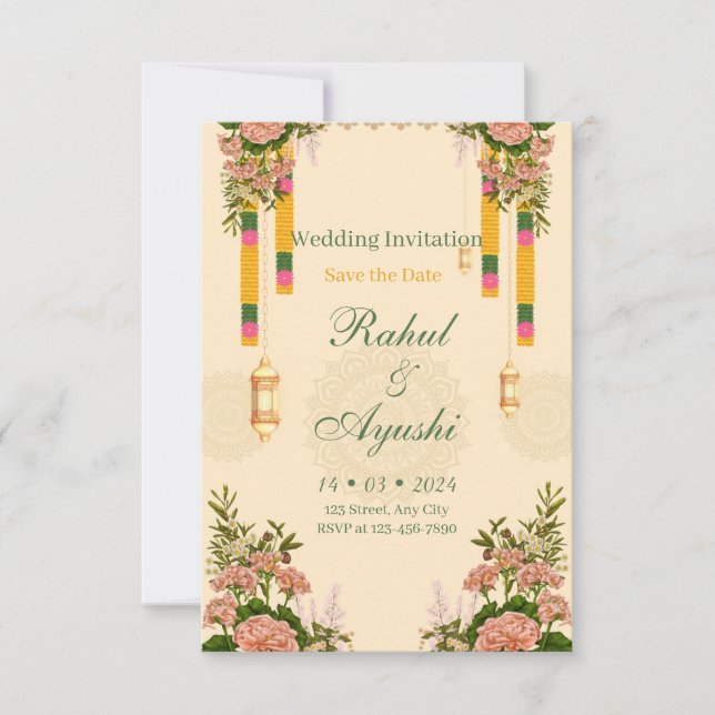 Elegante Florale Girlande Mandap Hochzeitseinladun Save The Date (Vorderseite)