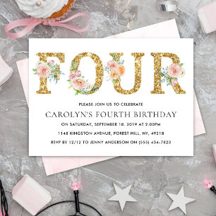 Elegante Florale Gold Glitter VIER 4. Geburtstag Einladung