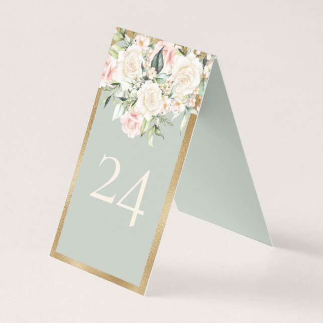 Elegante florale Gold Green Wedding Tischnummer (Vorderseite)