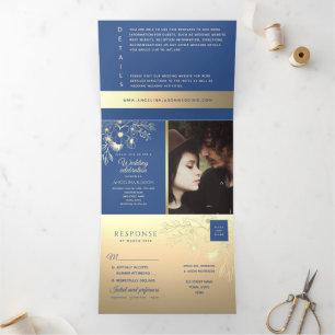 Elegante Florale Gold Königlich Blaue Hochzeit Dreifach Gefaltete Einladung