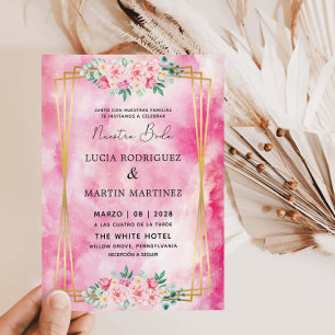 Elegante Florale Gold Rosa Aquarell Unsere Hochzei Einladung