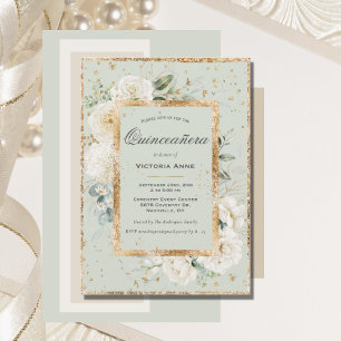 Elegante Florale Gold-Salbei-Moderne Quinceañera Einladung