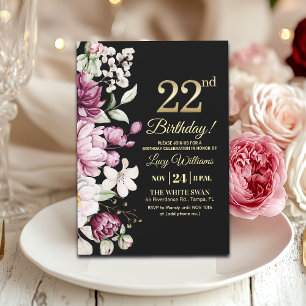 Elegante Florale Goldene 22 Geburtstagsfeier Einladung